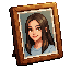 A framed pixel-art portrait of Marian's girlfriend standing on the desk