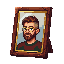 A framed pixel-art self-portrait standing on the desk